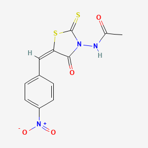 molecular formula C12H9N3O4S2 B11704376 N-[(5E)-5-[(4-nitrophenyl)methylidene]-4-oxo-2-sulfanylidene-1,3-thiazolidin-3-yl]acetamide 