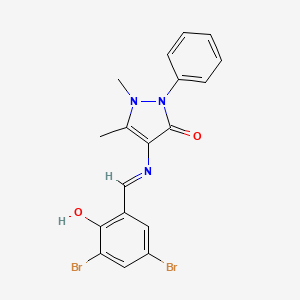 molecular formula C18H15Br2N3O2 B11704525 4-{[(E)-(3,5-dibromo-2-hydroxyphenyl)methylidene]amino}-1,5-dimethyl-2-phenyl-1,2-dihydro-3H-pyrazol-3-one 