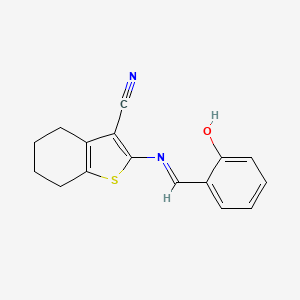 molecular formula C16H14N2OS B11704852 2-{[(E)-(2-hydroxyphenyl)methylidene]amino}-4,5,6,7-tetrahydro-1-benzothiophene-3-carbonitrile 