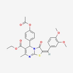 molecular formula C27H26N2O7S B11705016 ethyl (2E)-5-[4-(acetyloxy)phenyl]-2-(3,4-dimethoxybenzylidene)-7-methyl-3-oxo-2,3-dihydro-5H-[1,3]thiazolo[3,2-a]pyrimidine-6-carboxylate 