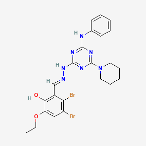 3,4-Dibromo-6-ethoxy-2-[(E)-{2-[4-(phenylamino)-6-(piperidin-1-YL)-1,3,5-triazin-2-YL]hydrazin-1-ylidene}methyl]phenol