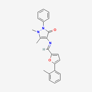 molecular formula C23H21N3O2 B11705110 1,5-dimethyl-4-({(E)-[5-(2-methylphenyl)furan-2-yl]methylidene}amino)-2-phenyl-1,2-dihydro-3H-pyrazol-3-one 