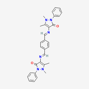 molecular formula C30H28N6O2 B11705574 4-{[(4-{[(1,5-dimethyl-3-oxo-2-phenyl-2,3-dihydro-1H-pyrazol-4-yl)imino]methyl}phenyl)methylidene]amino}-1,5-dimethyl-2-phenyl-2,3-dihydro-1H-pyrazol-3-one 