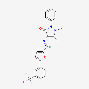 molecular formula C23H18F3N3O2 B11705965 1,5-dimethyl-2-phenyl-4-{[(E)-{5-[3-(trifluoromethyl)phenyl]furan-2-yl}methylidene]amino}-1,2-dihydro-3H-pyrazol-3-one 