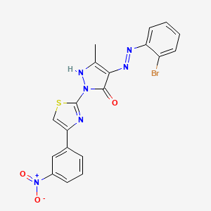 molecular formula C19H13BrN6O3S B11706104 (4E)-4-[2-(2-bromophenyl)hydrazinylidene]-5-methyl-2-[4-(3-nitrophenyl)-1,3-thiazol-2-yl]-2,4-dihydro-3H-pyrazol-3-one 