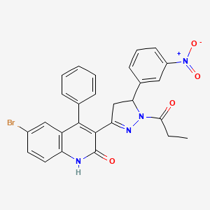 molecular formula C27H21BrN4O4 B11706237 6-bromo-3-[5-(3-nitrophenyl)-1-propanoyl-4,5-dihydro-1H-pyrazol-3-yl]-4-phenyl-1,2-dihydroquinolin-2-one 