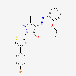 molecular formula C21H18BrN5O2S B11706297 (4E)-2-[4-(4-bromophenyl)-1,3-thiazol-2-yl]-4-[2-(2-ethoxyphenyl)hydrazinylidene]-5-methyl-2,4-dihydro-3H-pyrazol-3-one 