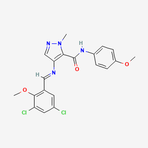 molecular formula C20H18Cl2N4O3 B11706629 4-{[(E)-(3,5-dichloro-2-methoxyphenyl)methylidene]amino}-N-(4-methoxyphenyl)-1-methyl-1H-pyrazole-5-carboxamide 