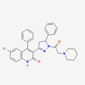 molecular formula C31H29BrN4O2 B11707087 6-bromo-4-phenyl-3-(5-phenyl-1-(2-(piperidin-1-yl)acetyl)-4,5-dihydro-1H-pyrazol-3-yl)quinolin-2(1H)-one 