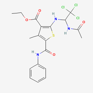 molecular formula C19H20Cl3N3O4S B11707190 Ethyl 2-{[1-(acetylamino)-2,2,2-trichloroethyl]amino}-4-methyl-5-(phenylcarbamoyl)thiophene-3-carboxylate 