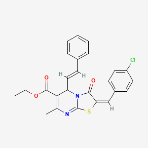 molecular formula C25H21ClN2O3S B11708271 ethyl (2E)-2-(4-chlorobenzylidene)-7-methyl-3-oxo-5-[(E)-2-phenylethenyl]-2,3-dihydro-5H-[1,3]thiazolo[3,2-a]pyrimidine-6-carboxylate 