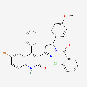 molecular formula C32H23BrClN3O3 B11708316 [3-(6-bromo-2-hydroxy-4-phenylquinolin-3-yl)-5-(4-methoxyphenyl)-4,5-dihydro-1H-pyrazol-1-yl](2-chlorophenyl)methanone 