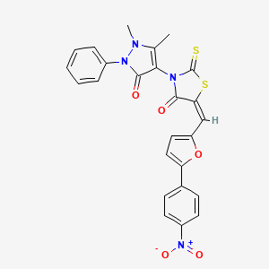 molecular formula C25H18N4O5S2 B11708547 (5E)-3-(1,5-dimethyl-3-oxo-2-phenyl-2,3-dihydro-1H-pyrazol-4-yl)-5-{[5-(4-nitrophenyl)furan-2-yl]methylidene}-2-thioxo-1,3-thiazolidin-4-one 