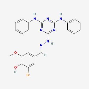 molecular formula C23H20BrN7O2 B11708634 4-[(E)-{2-[4,6-bis(phenylamino)-1,3,5-triazin-2-yl]hydrazinylidene}methyl]-2-bromo-6-methoxyphenol 