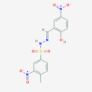 molecular formula C14H12N4O7S B11709771 N'-[(E)-(2-hydroxy-5-nitrophenyl)methylidene]-4-methyl-3-nitrobenzenesulfonohydrazide 