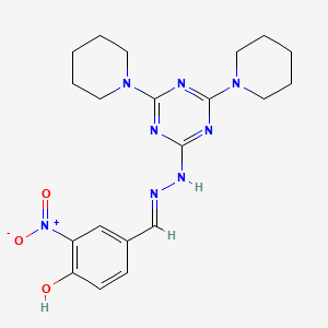 molecular formula C20H26N8O3 B11709963 4-[(4,6-Di-piperidin-1-yl-[1,3,5]triazin-2-yl)-hydrazonomethyl]-2-nitro-phenol 