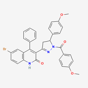 molecular formula C33H26BrN3O4 B11710271 6-bromo-3-[1-(4-methoxybenzoyl)-5-(4-methoxyphenyl)-4,5-dihydro-1H-pyrazol-3-yl]-4-phenyl-2(1H)-quinolinone 