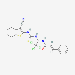 molecular formula C21H19Cl3N4OS2 B11711411 (2E)-3-phenyl-N-(2,2,2-trichloro-1-{[(3-cyano-4,5,6,7-tetrahydro-1-benzothiophen-2-yl)carbamothioyl]amino}ethyl)prop-2-enamide 