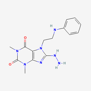 molecular formula C15H19N7O2 B11712549 8-hydrazinyl-1,3-dimethyl-7-[2-(phenylamino)ethyl]-3,7-dihydro-1H-purine-2,6-dione 