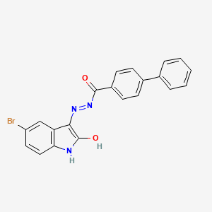 molecular formula C21H14BrN3O2 B11712676 N'-[(3E)-5-bromo-2-oxo-1,2-dihydro-3H-indol-3-ylidene]biphenyl-4-carbohydrazide 