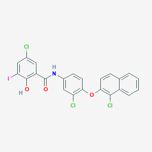 molecular formula C23H13Cl3INO3 B11714440 5-chloro-N-{3-chloro-4-[(1-chloronaphthalen-2-yl)oxy]phenyl}-2-hydroxy-3-iodobenzamide 