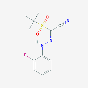 molecular formula C12H14FN3O2S B11726963 (E)-N-(2-fluorophenyl)-1-(2-methylpropane-2-sulfonyl)methanecarbohydrazonoyl cyanide 