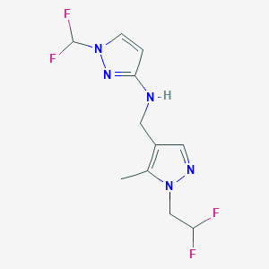 molecular formula C11H13F4N5 B11728507 N-{[1-(2,2-difluoroethyl)-5-methyl-1H-pyrazol-4-yl]methyl}-1-(difluoromethyl)-1H-pyrazol-3-amine 