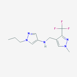 molecular formula C12H16F3N5 B11728637 N-{[1-methyl-3-(trifluoromethyl)-1H-pyrazol-4-yl]methyl}-1-propyl-1H-pyrazol-4-amine 