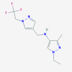 molecular formula C12H16F3N5 B11728703 1-ethyl-3-methyl-N-{[1-(2,2,2-trifluoroethyl)-1H-pyrazol-4-yl]methyl}-1H-pyrazol-4-amine 