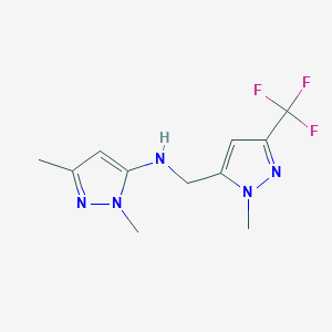 molecular formula C11H14F3N5 B11729321 1,3-dimethyl-N-{[1-methyl-3-(trifluoromethyl)-1H-pyrazol-5-yl]methyl}-1H-pyrazol-5-amine 