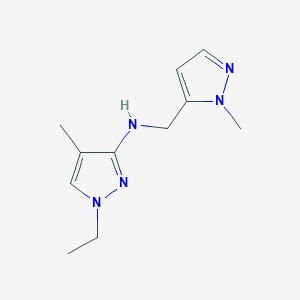 molecular formula C11H17N5 B11729793 1-ethyl-4-methyl-N-[(1-methyl-1H-pyrazol-5-yl)methyl]-1H-pyrazol-3-amine 