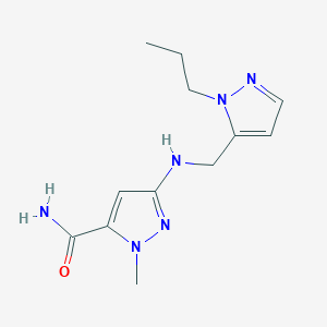 molecular formula C12H18N6O B11729838 1-methyl-3-{[(1-propyl-1H-pyrazol-5-yl)methyl]amino}-1H-pyrazole-5-carboxamide 