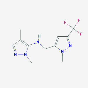 molecular formula C11H14F3N5 B11732627 1,4-dimethyl-N-{[1-methyl-3-(trifluoromethyl)-1H-pyrazol-5-yl]methyl}-1H-pyrazol-5-amine 