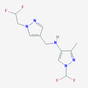 molecular formula C11H13F4N5 B11733289 N-{[1-(2,2-difluoroethyl)-1H-pyrazol-4-yl]methyl}-1-(difluoromethyl)-3-methyl-1H-pyrazol-4-amine 