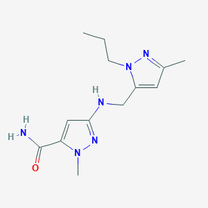 molecular formula C13H20N6O B11733646 1-methyl-3-{[(3-methyl-1-propyl-1H-pyrazol-5-yl)methyl]amino}-1H-pyrazole-5-carboxamide 