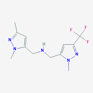 molecular formula C12H16F3N5 B11734370 [(1,3-dimethyl-1H-pyrazol-5-yl)methyl]({[1-methyl-3-(trifluoromethyl)-1H-pyrazol-5-yl]methyl})amine 