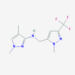 molecular formula C11H14F3N5 B11736056 1,4-dimethyl-N-{[1-methyl-3-(trifluoromethyl)-1H-pyrazol-5-yl]methyl}-1H-pyrazol-3-amine 