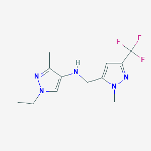 molecular formula C12H16F3N5 B11736262 1-Ethyl-3-methyl-N-{[1-methyl-3-(trifluoromethyl)-1H-pyrazol-5-YL]methyl}-1H-pyrazol-4-amine 