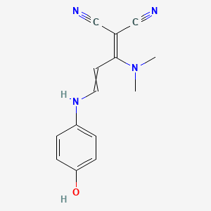 molecular formula C14H14N4O B11736483 2-[1-(Dimethylamino)-3-[(4-hydroxyphenyl)amino]prop-2-en-1-ylidene]propanedinitrile 