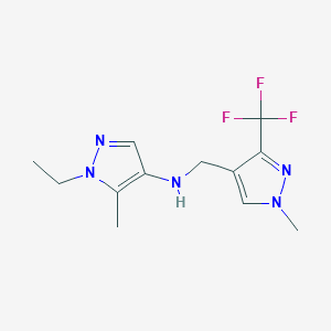 molecular formula C12H16F3N5 B11736695 1-ethyl-5-methyl-N-{[1-methyl-3-(trifluoromethyl)-1H-pyrazol-4-yl]methyl}-1H-pyrazol-4-amine CAS No. 1856027-50-3