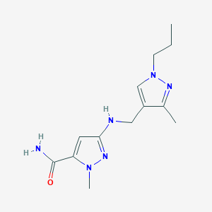 molecular formula C13H20N6O B11736776 1-methyl-3-{[(3-methyl-1-propyl-1H-pyrazol-4-yl)methyl]amino}-1H-pyrazole-5-carboxamide 