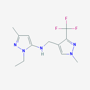 molecular formula C12H16F3N5 B11738107 1-ethyl-3-methyl-N-{[1-methyl-3-(trifluoromethyl)-1H-pyrazol-4-yl]methyl}-1H-pyrazol-5-amine 