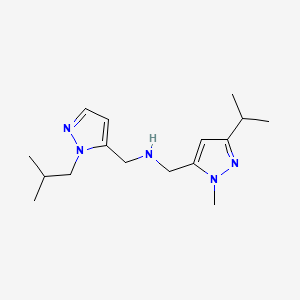 molecular formula C16H27N5 B11738898 {[1-methyl-3-(propan-2-yl)-1H-pyrazol-5-yl]methyl}({[1-(2-methylpropyl)-1H-pyrazol-5-yl]methyl})amine 