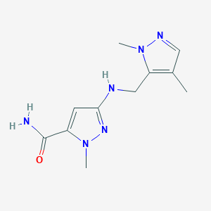 molecular formula C11H16N6O B11740638 3-{[(1,4-dimethyl-1H-pyrazol-5-yl)methyl]amino}-1-methyl-1H-pyrazole-5-carboxamide 