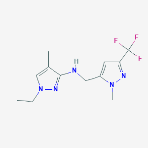 molecular formula C12H16F3N5 B11740932 1-ethyl-4-methyl-N-{[1-methyl-3-(trifluoromethyl)-1H-pyrazol-5-yl]methyl}-1H-pyrazol-3-amine 