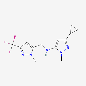 molecular formula C13H16F3N5 B11741023 3-cyclopropyl-1-methyl-N-{[1-methyl-3-(trifluoromethyl)-1H-pyrazol-5-yl]methyl}-1H-pyrazol-5-amine 