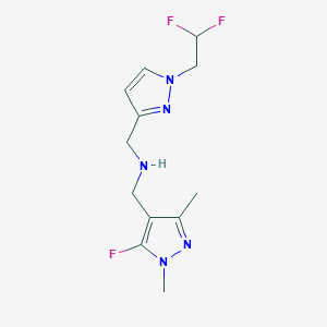 molecular formula C12H16F3N5 B11742546 {[1-(2,2-difluoroethyl)-1H-pyrazol-3-yl]methyl}[(5-fluoro-1,3-dimethyl-1H-pyrazol-4-yl)methyl]amine 