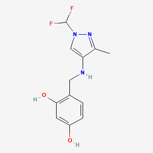 molecular formula C12H13F2N3O2 B11743068 4-({[1-(difluoromethyl)-3-methyl-1H-pyrazol-4-yl]amino}methyl)benzene-1,3-diol 