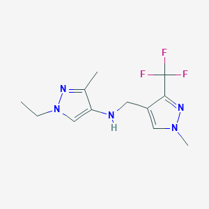 molecular formula C12H16F3N5 B11744556 1-ethyl-3-methyl-N-{[1-methyl-3-(trifluoromethyl)-1H-pyrazol-4-yl]methyl}-1H-pyrazol-4-amine 