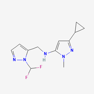 molecular formula C12H15F2N5 B11744831 3-cyclopropyl-N-{[1-(difluoromethyl)-1H-pyrazol-5-yl]methyl}-1-methyl-1H-pyrazol-5-amine 